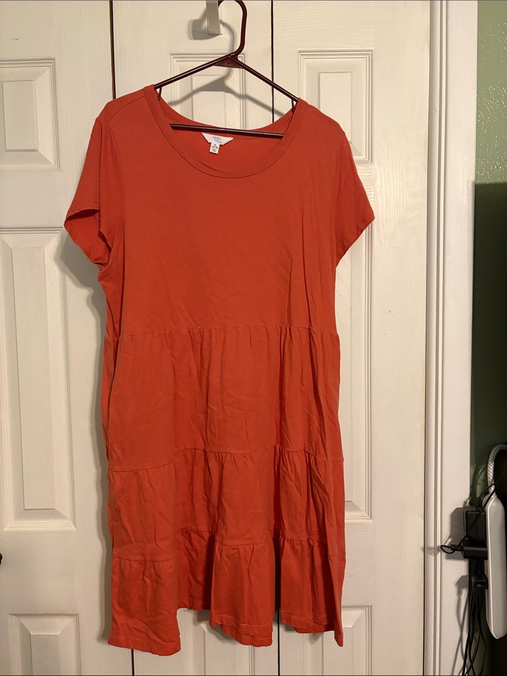 Time and Tru Coral-Orange Tiered Short Sleeve Midi Dress